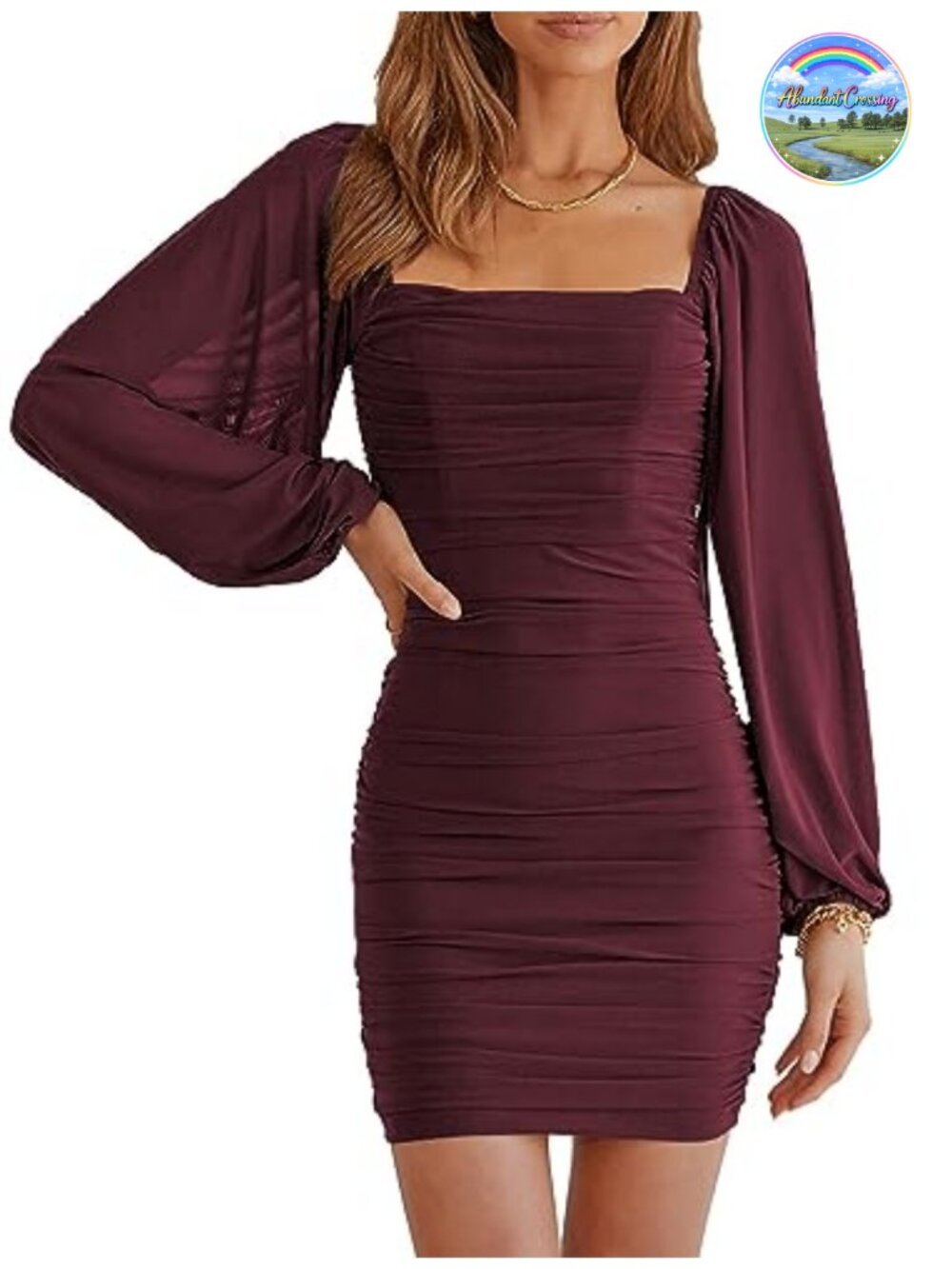 Womens Square Neck Mesh Lantern Long Sleeve Bodycon Mini Dress